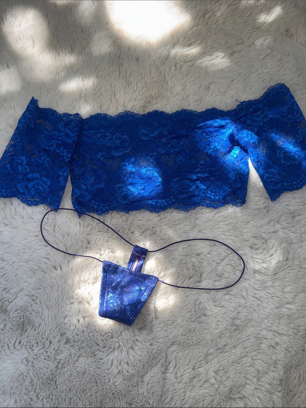 Blue Lace Off-Shoulder Bralette & Matching Low Rise Thong